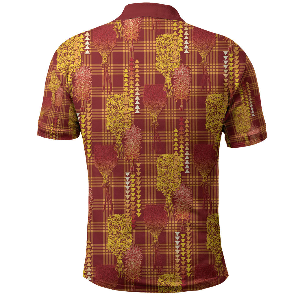 Aloha Hawaii Vintage Kahili Pa'a Lima Polo Shirt Palaka Print Hilo Royal Red-Yellow