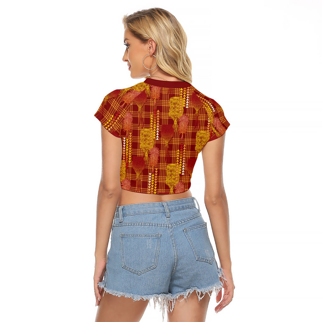 Aloha Hawaii Vintage Kahili Pa'a Lima Raglan Cropped T Shirt Palaka Print Hilo Royal Red-Yellow