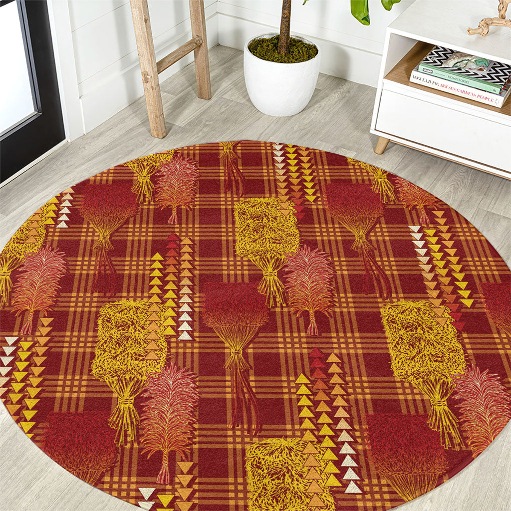 Aloha Hawaii Vintage Kahili Pa'a Lima Round Carpet Palaka Print Hilo Royal Red-Yellow LT7 Red - Polynesian Pride