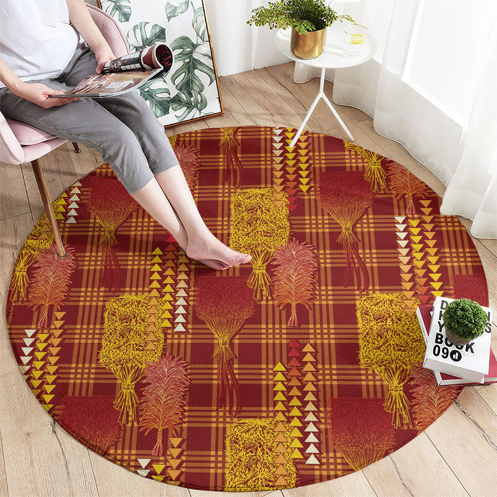 Aloha Hawaii Vintage Kahili Pa'a Lima Round Carpet Palaka Print Hilo Royal Red-Yellow