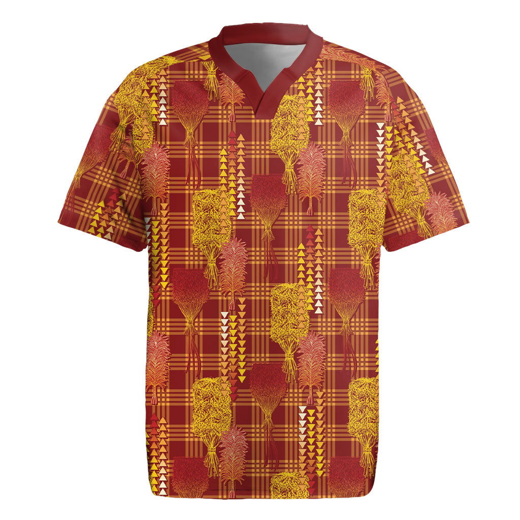 Aloha Hawaii Vintage Kahili Pa'a Lima Rugby Jersey Palaka Print Hilo Royal Red-Yellow