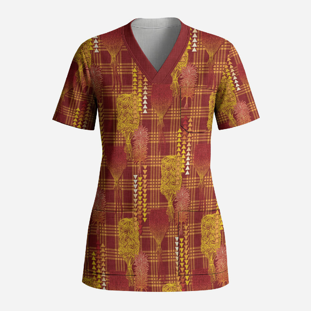 Aloha Hawaii Vintage Kahili Pa'a Lima Scrub Top Palaka Print Hilo Royal Red-Yellow