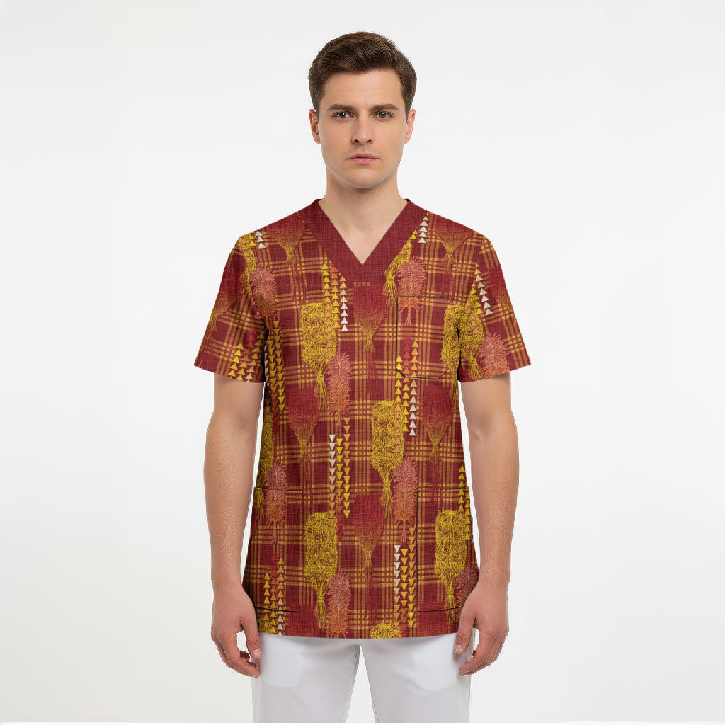 Aloha Hawaii Vintage Kahili Pa'a Lima Scrub Top Palaka Print Hilo Royal Red-Yellow
