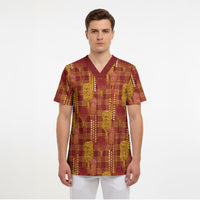 Aloha Hawaii Vintage Kahili Pa'a Lima Scrub Top Palaka Print Hilo Royal Red-Yellow