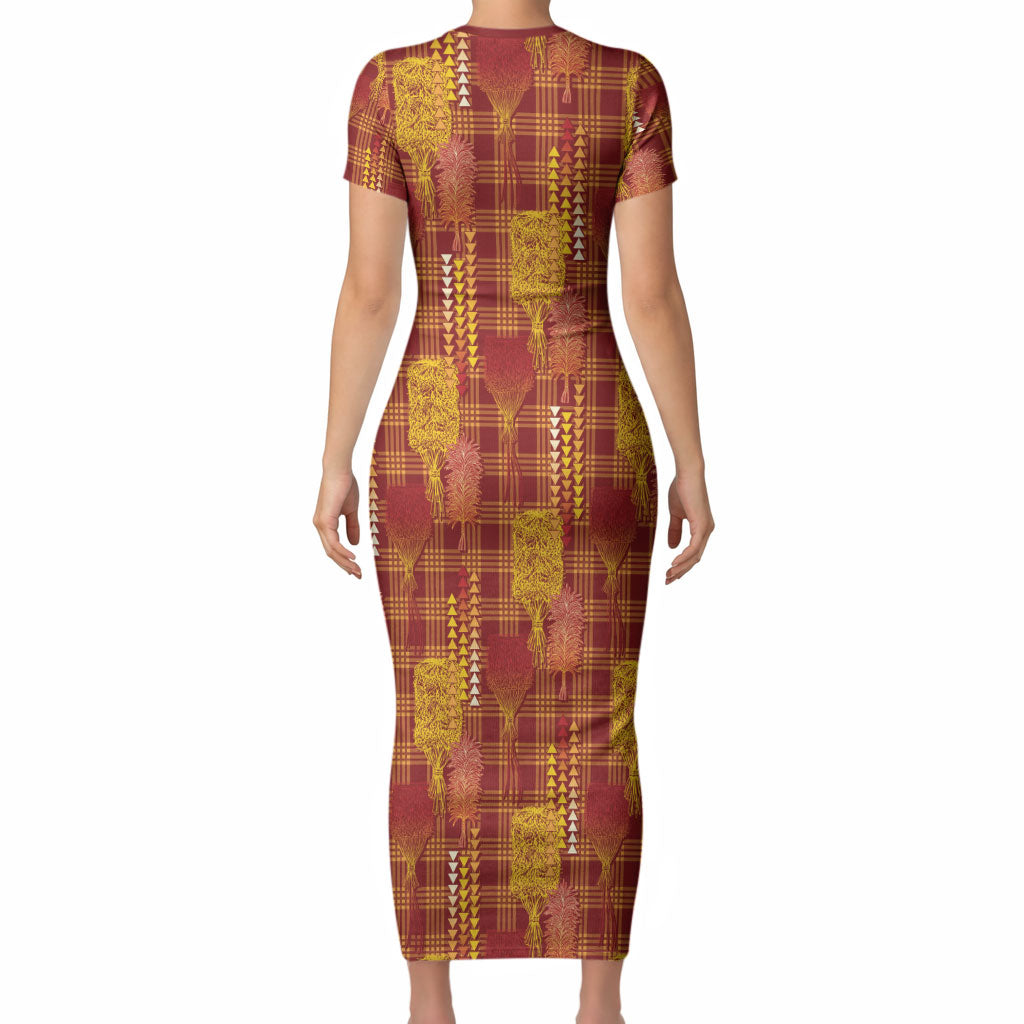 Aloha Hawaii Vintage Kahili Pa'a Lima Short Sleeve Bodycon Dress Palaka Print Hilo Royal Red-Yellow