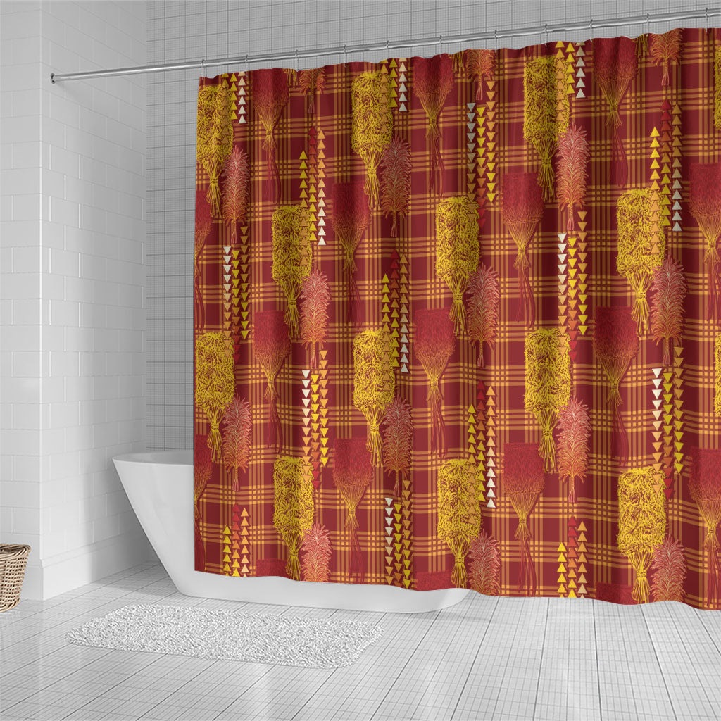 Aloha Hawaii Vintage Kahili Pa'a Lima Shower Curtain Palaka Print Hilo Royal Red-Yellow