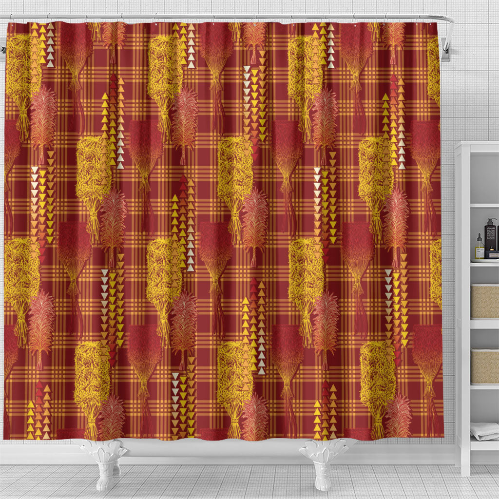 Aloha Hawaii Vintage Kahili Pa'a Lima Shower Curtain Palaka Print Hilo Royal Red-Yellow
