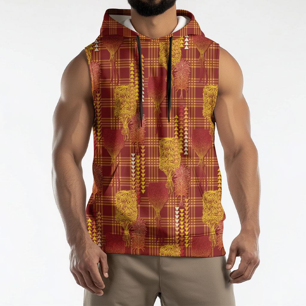 Aloha Hawaii Vintage Kahili Pa'a Lima Sleeveless Hoodie Palaka Print Hilo Royal Red-Yellow