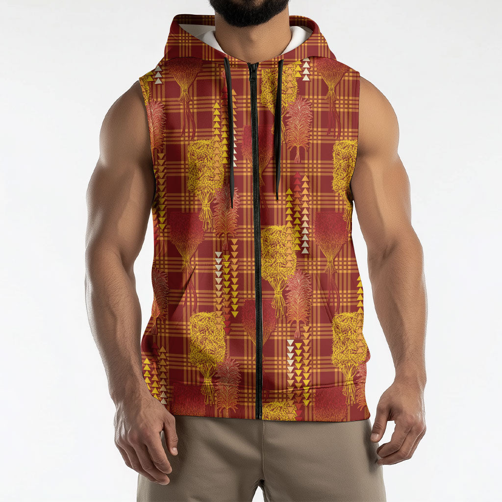 Aloha Hawaii Vintage Kahili Pa'a Lima Sleeveless Zip Hoodie Palaka Print Hilo Royal Red-Yellow