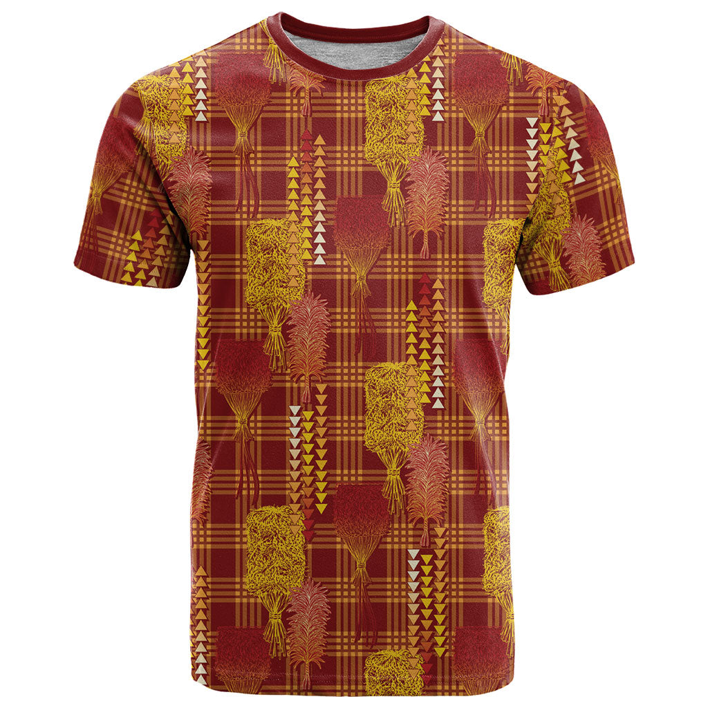 Aloha Hawaii Vintage Kahili Pa'a Lima T Shirt Palaka Print Hilo Royal Red-Yellow