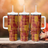 Aloha Hawaii Vintage Kahili Pa'a Lima Tumbler With Handle Palaka Print Hilo Royal Red-Yellow