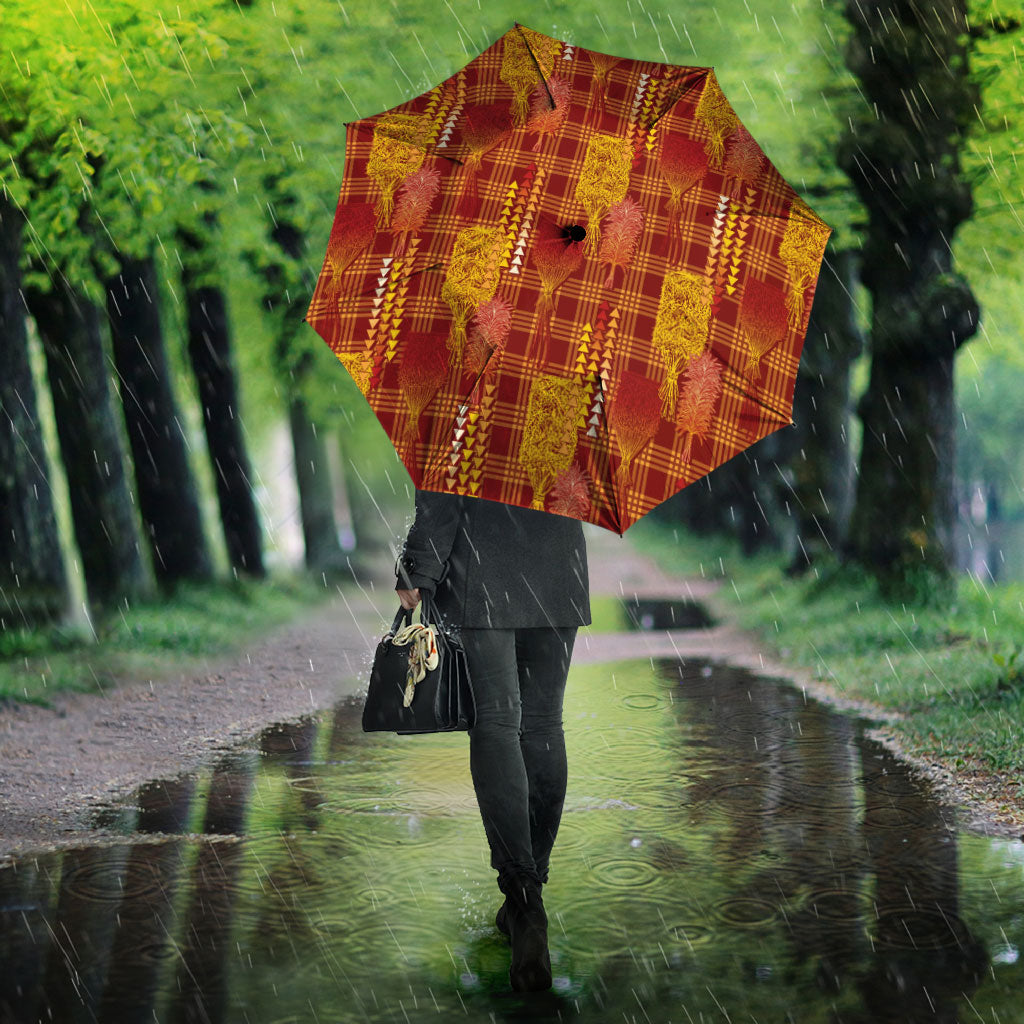 Aloha Hawaii Vintage Kahili Pa'a Lima Umbrella Palaka Print Hilo Royal Red-Yellow