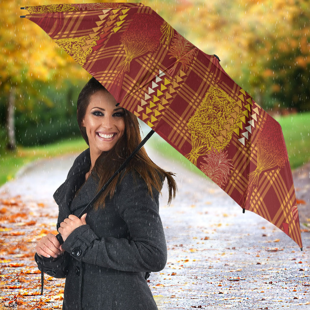 Aloha Hawaii Vintage Kahili Pa'a Lima Umbrella Palaka Print Hilo Royal Red-Yellow