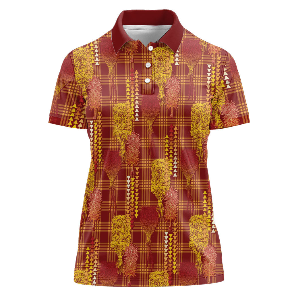 Aloha Hawaii Vintage Kahili Pa'a Lima Women Polo Shirt Palaka Print Hilo Royal Red-Yellow LT7 Female Red - Polynesian Pride