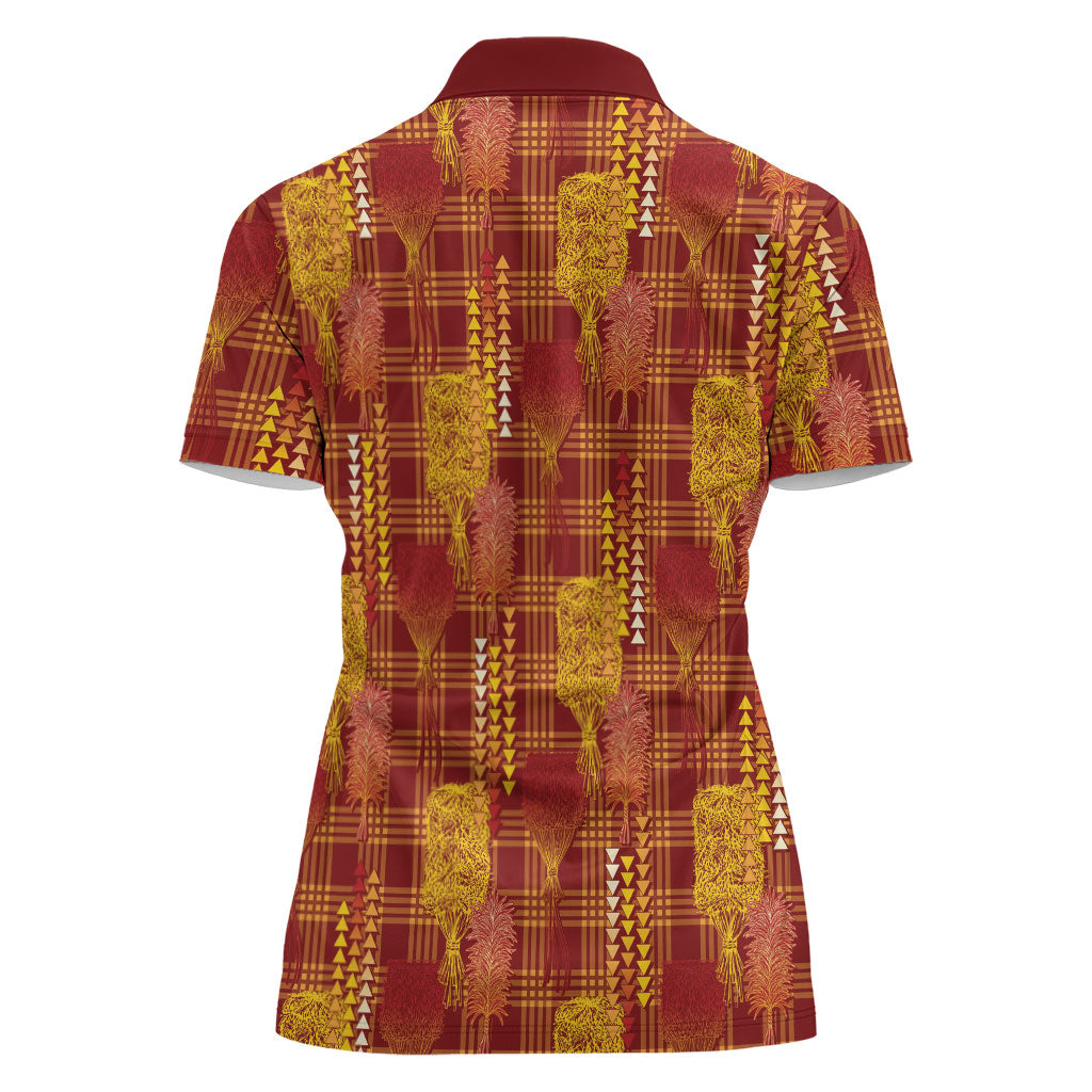 Aloha Hawaii Vintage Kahili Pa'a Lima Women Polo Shirt Palaka Print Hilo Royal Red-Yellow