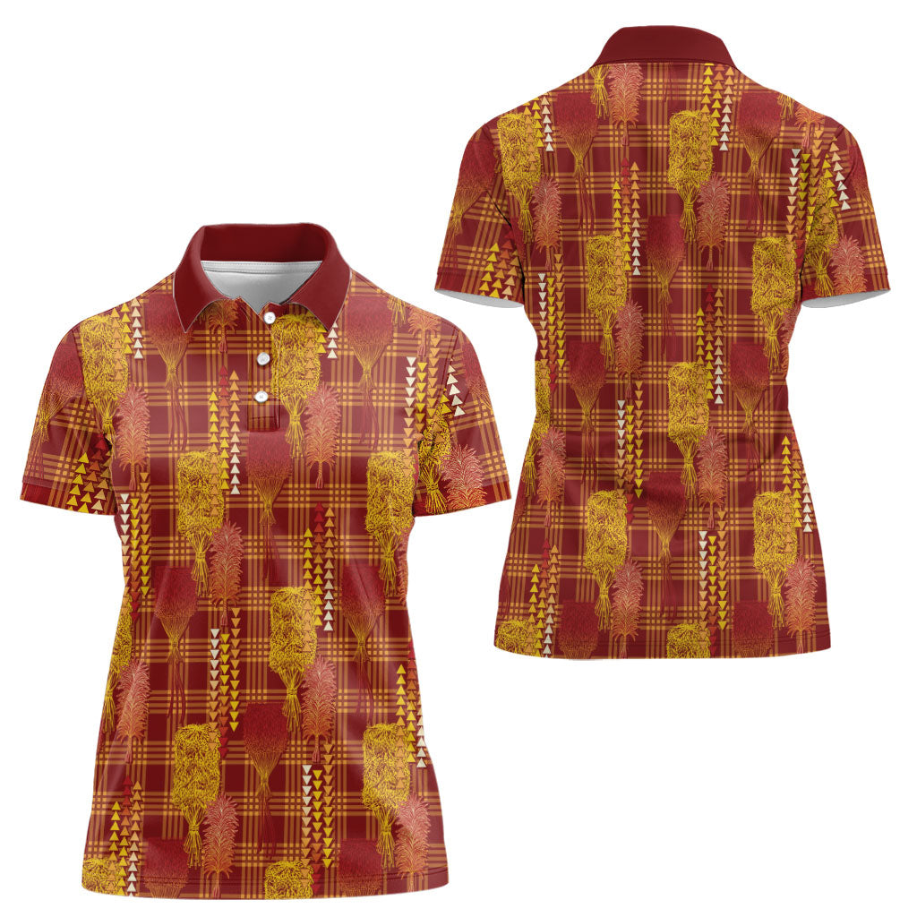 Aloha Hawaii Vintage Kahili Pa'a Lima Women Polo Shirt Palaka Print Hilo Royal Red-Yellow