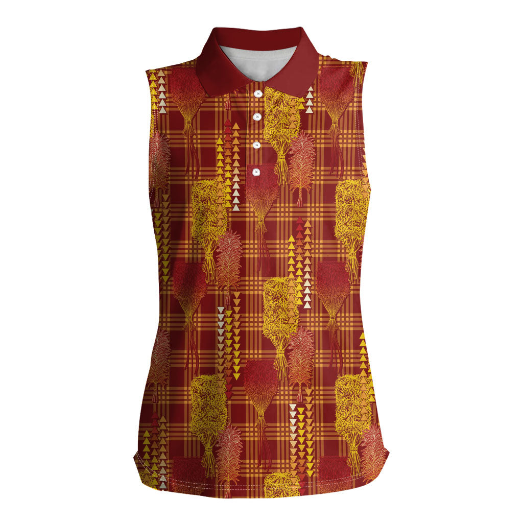 Aloha Hawaii Vintage Kahili Pa'a Lima Women Sleeveless Polo Shirt Palaka Print Hilo Royal Red-Yellow