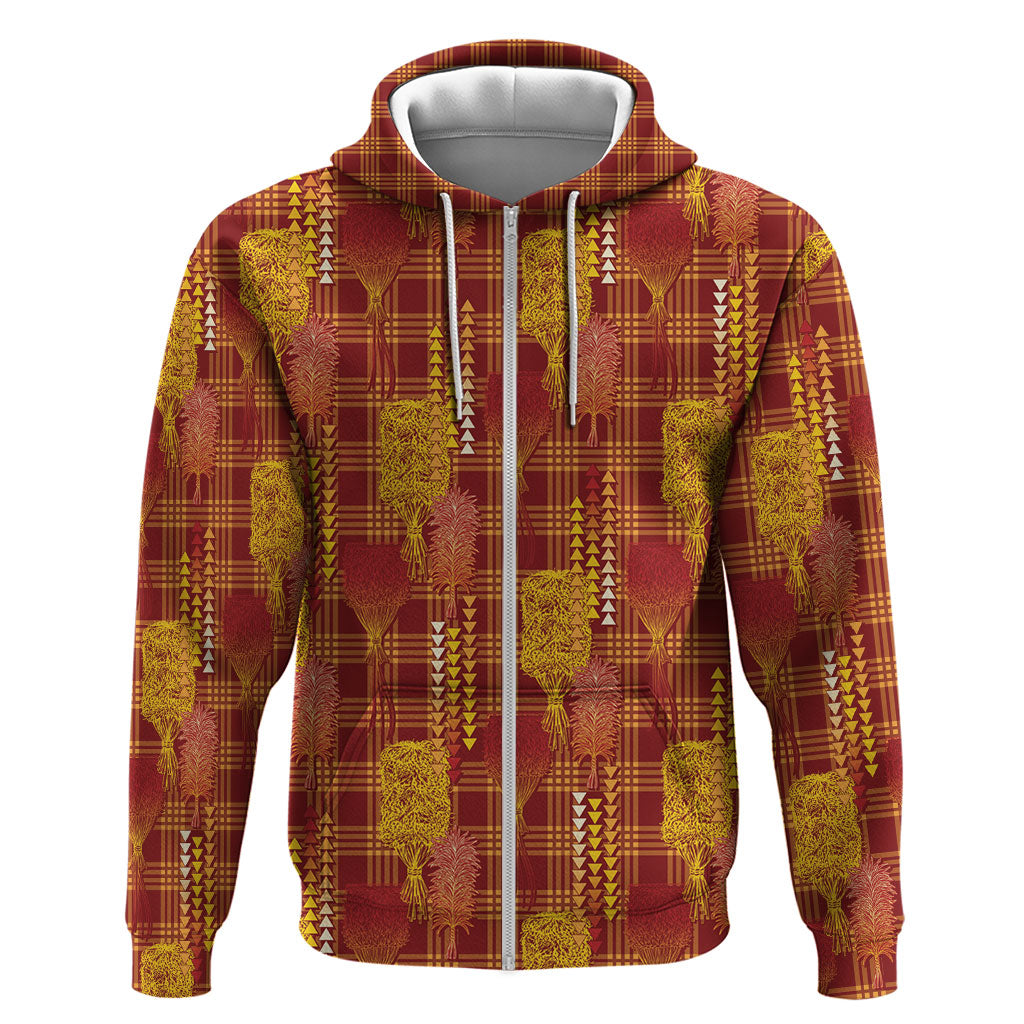 Aloha Hawaii Vintage Kahili Pa'a Lima Zip Hoodie Palaka Print Hilo Royal Red-Yellow