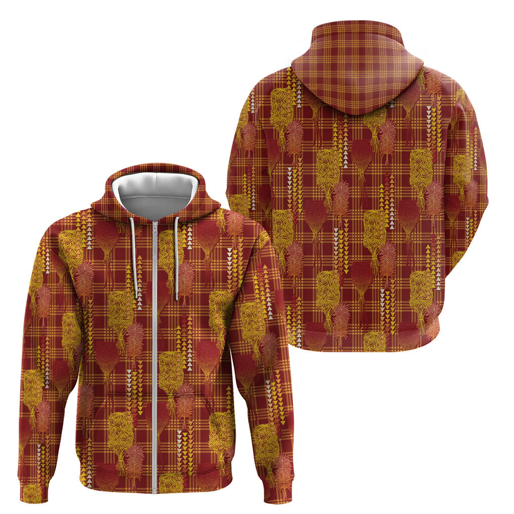 Aloha Hawaii Vintage Kahili Pa'a Lima Zip Hoodie Palaka Print Hilo Royal Red-Yellow