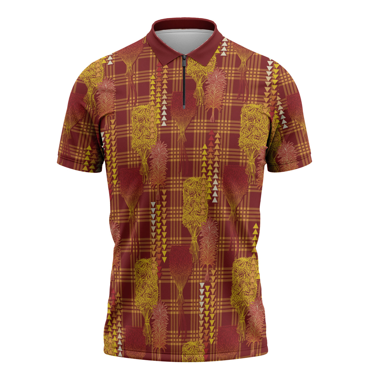 Aloha Hawaii Vintage Kahili Pa'a Lima Zipper Polo Shirt Palaka Print Hilo Royal Red-Yellow
