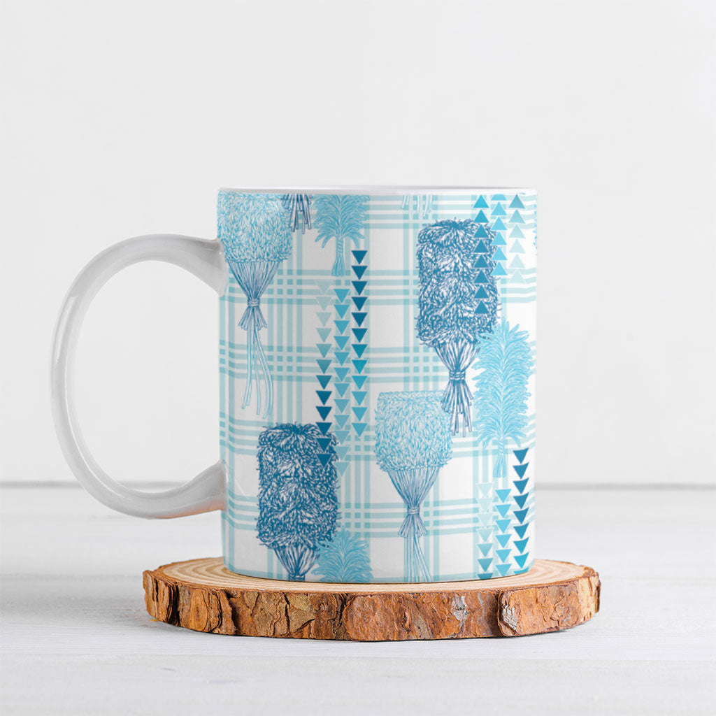 Aloha Hawaii Vintage Kahili Pa'a Lima Ceramic Mug Palaka Print Oceanic Turquoise