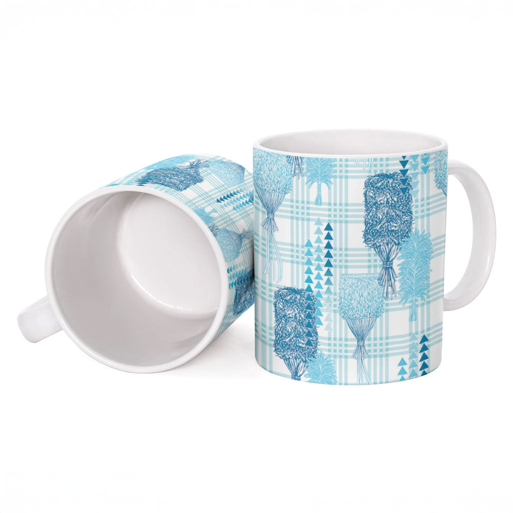 Aloha Hawaii Vintage Kahili Pa'a Lima Ceramic Mug Palaka Print Oceanic Turquoise