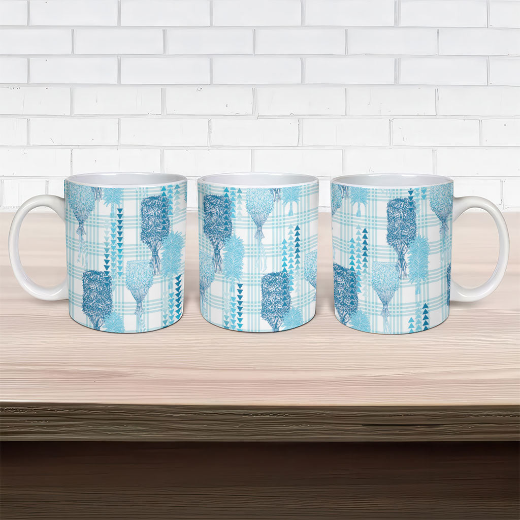Aloha Hawaii Vintage Kahili Pa'a Lima Ceramic Mug Palaka Print Oceanic Turquoise