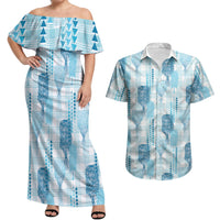 Aloha Hawaii Vintage Kahili Pa'a Lima Couples Matching Off Shoulder Maxi Dress and Hawaiian Shirt Palaka Print Oceanic Turquoise