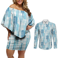 Aloha Hawaii Vintage Kahili Pa'a Lima Couples Matching Off Shoulder Short Dress and Long Sleeve Button Shirt Palaka Print Oceanic Turquoise