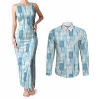 Aloha Hawaii Vintage Kahili Pa'a Lima Couples Matching Tank Maxi Dress and Long Sleeve Button Shirt Palaka Print Oceanic Turquoise