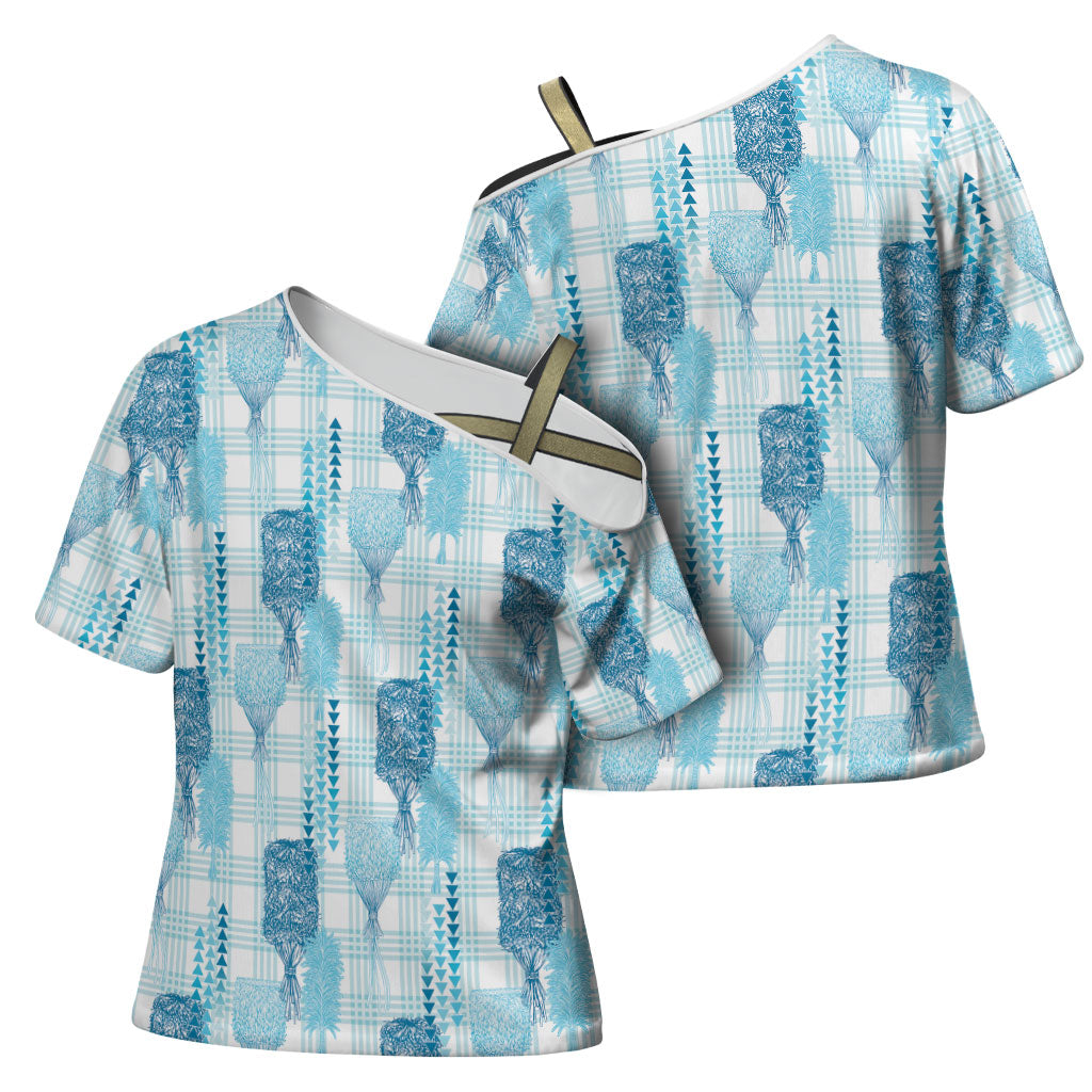 Aloha Hawaii Vintage Kahili Pa'a Lima Cross Shoulder Shirt Palaka Print Oceanic Turquoise