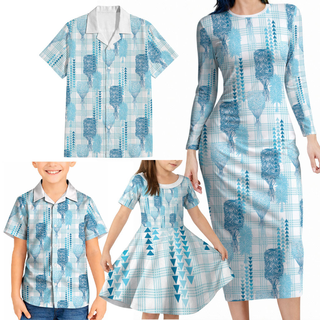 Aloha Hawaii Vintage Kahili Pa'a Lima Family Matching Long Sleeve Bodycon Dress and Hawaiian Shirt Palaka Print Oceanic Turquoise