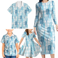 Aloha Hawaii Vintage Kahili Pa'a Lima Family Matching Long Sleeve Bodycon Dress and Hawaiian Shirt Palaka Print Oceanic Turquoise