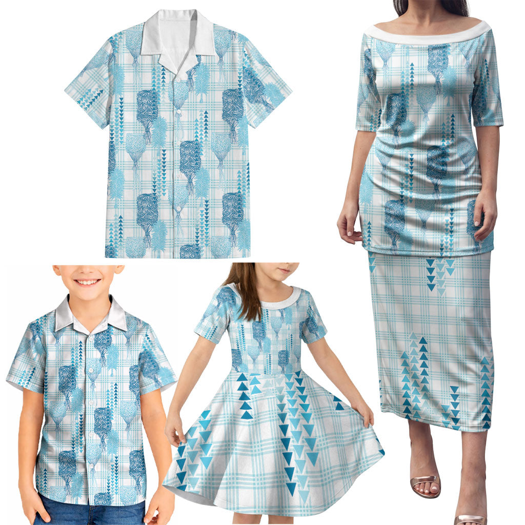 Aloha Hawaii Vintage Kahili Pa'a Lima Family Matching Puletasi and Hawaiian Shirt Palaka Print Oceanic Turquoise