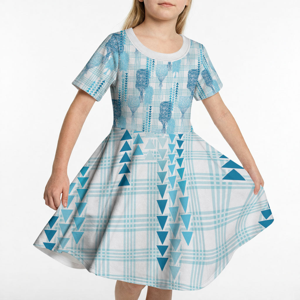 Aloha Hawaii Vintage Kahili Pa'a Lima Kid Short Sleeve Dress Palaka Print Oceanic Turquoise