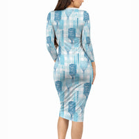 Aloha Hawaii Vintage Kahili Pa'a Lima Long Sleeve Bodycon Dress Palaka Print Oceanic Turquoise