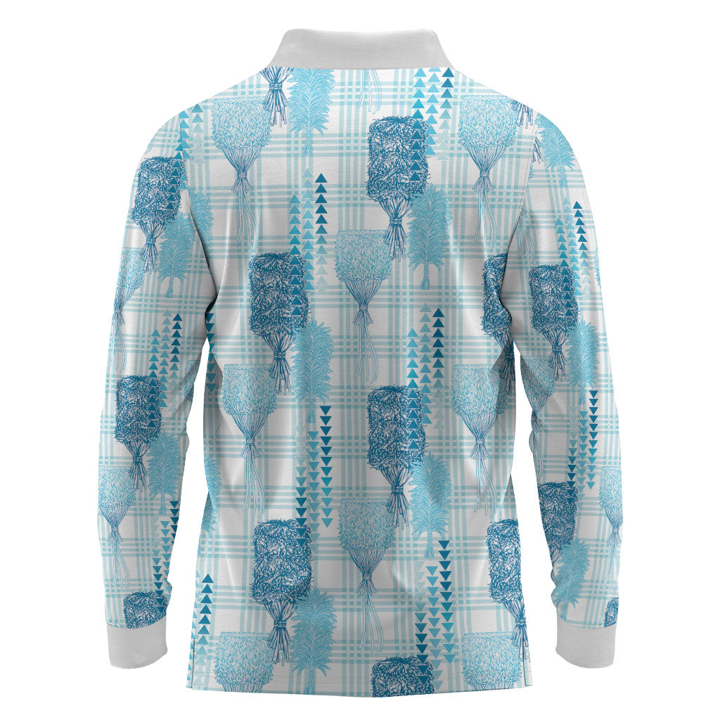 Aloha Hawaii Vintage Kahili Pa'a Lima Long Sleeve Polo Shirt Palaka Print Oceanic Turquoise