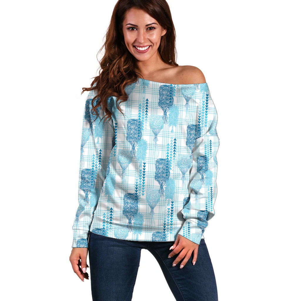 Aloha Hawaii Vintage Kahili Pa'a Lima Off Shoulder Sweater Palaka Print Oceanic Turquoise