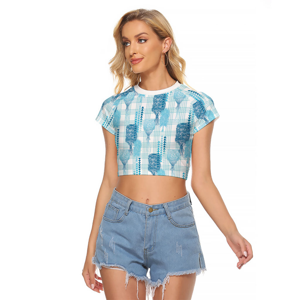 Aloha Hawaii Vintage Kahili Pa'a Lima Raglan Cropped T Shirt Palaka Print Oceanic Turquoise