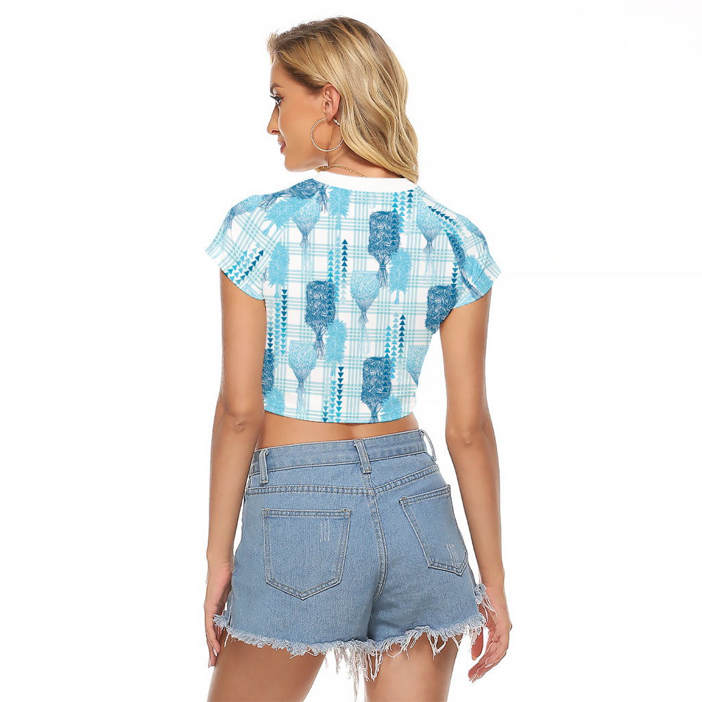 Aloha Hawaii Vintage Kahili Pa'a Lima Raglan Cropped T Shirt Palaka Print Oceanic Turquoise