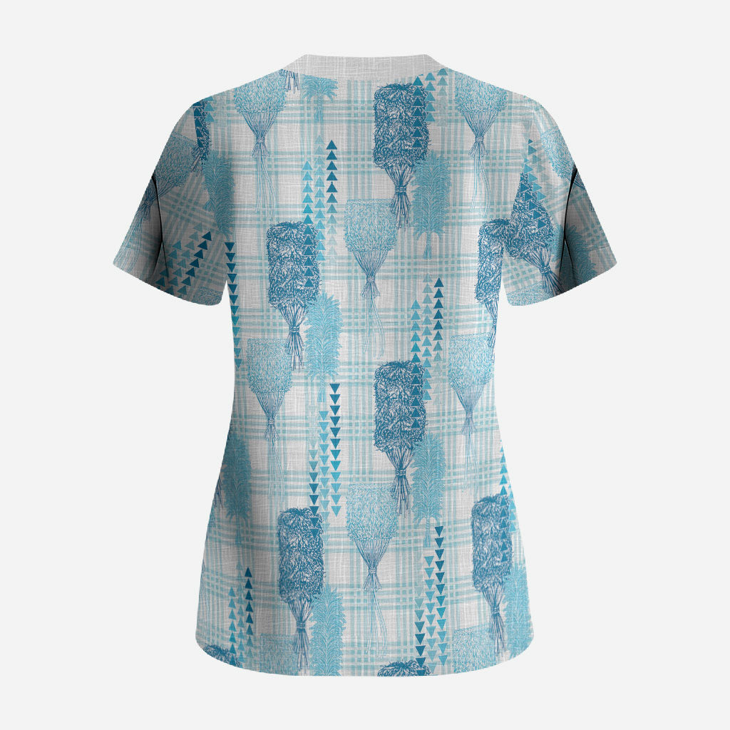 Aloha Hawaii Vintage Kahili Pa'a Lima Scrub Top Palaka Print Oceanic Turquoise