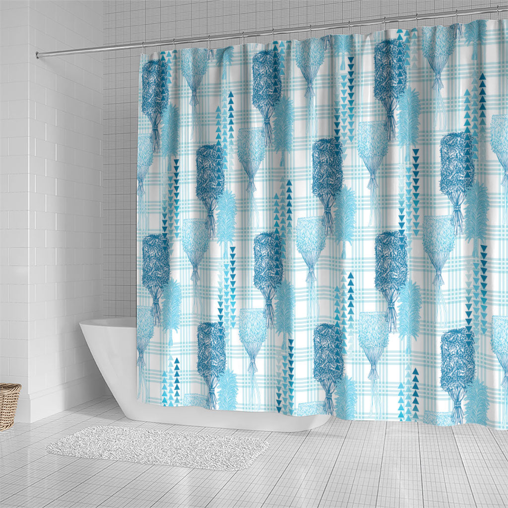 Aloha Hawaii Vintage Kahili Pa'a Lima Shower Curtain Palaka Print Oceanic Turquoise
