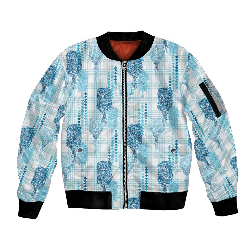 Aloha Hawaii Vintage Kahili Pa'a Lima Sleeve Zip Bomber Jacket Palaka Print Oceanic Turquoise LT7 Unisex Turquoise - Polynesian Pride