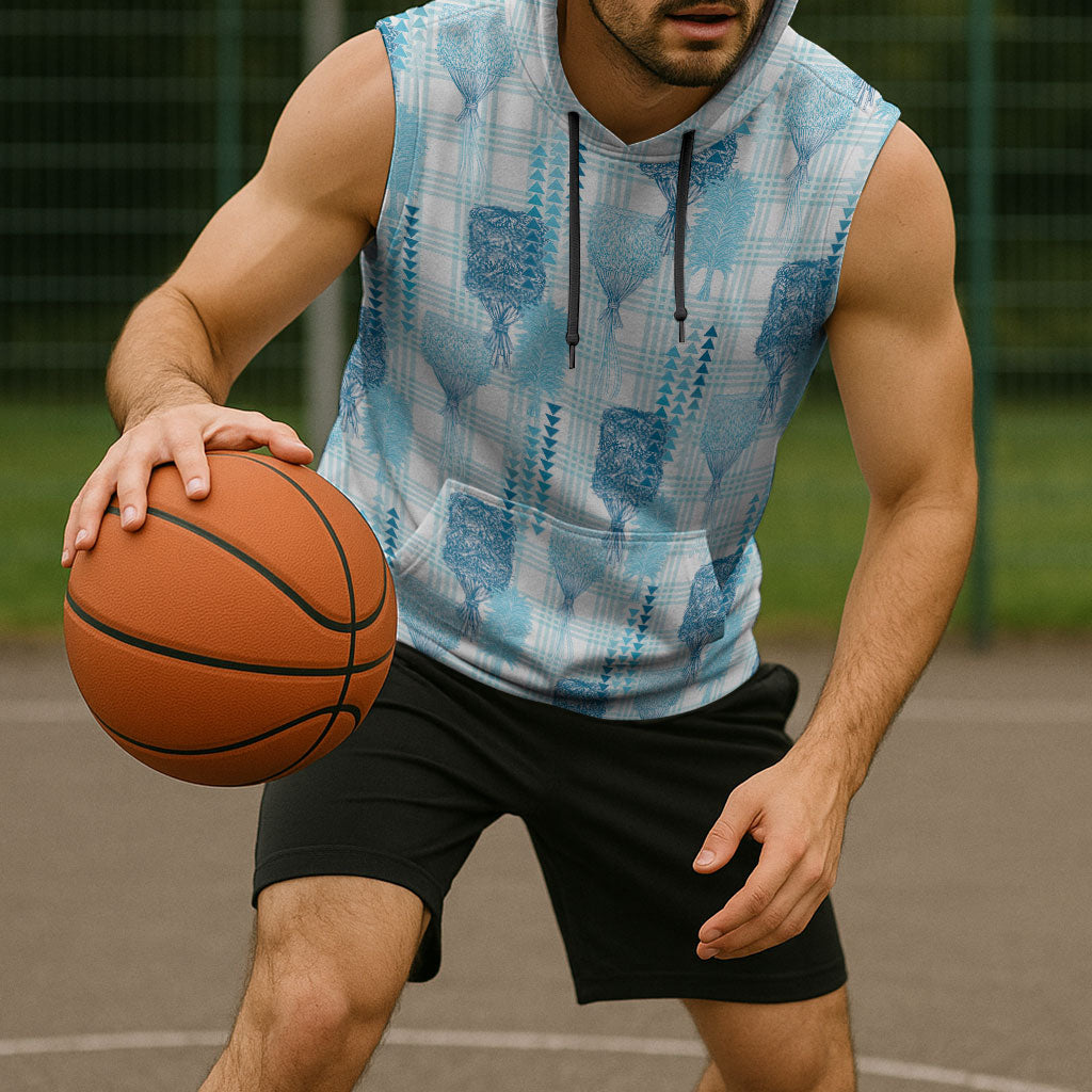 Aloha Hawaii Vintage Kahili Pa'a Lima Sleeveless Hoodie Palaka Print Oceanic Turquoise