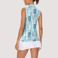 Aloha Hawaii Vintage Kahili Pa'a Lima Women Sleeveless Polo Shirt Palaka Print Oceanic Turquoise