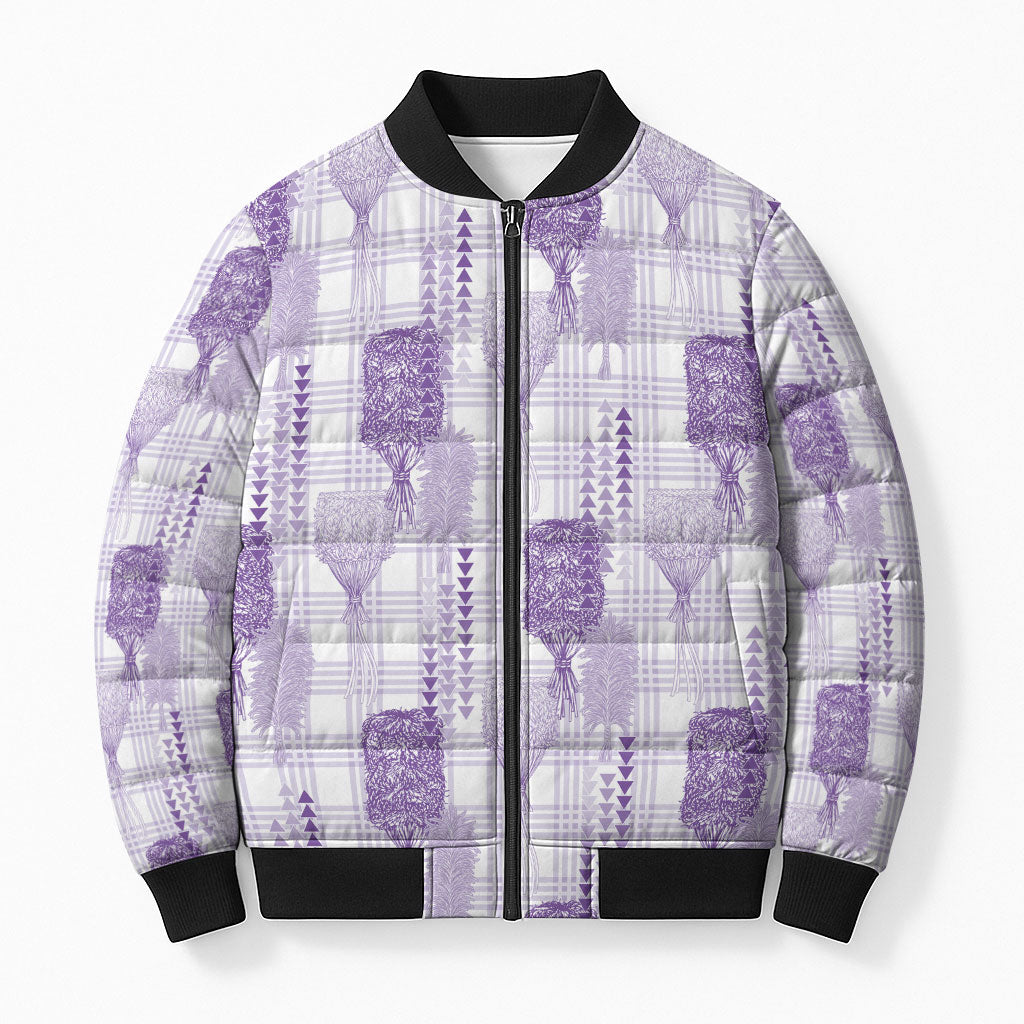 Aloha Hawaii Vintage Kahili Pa'a Lima Bomber Puffer Jacket Palaka Print Pastel Lavender