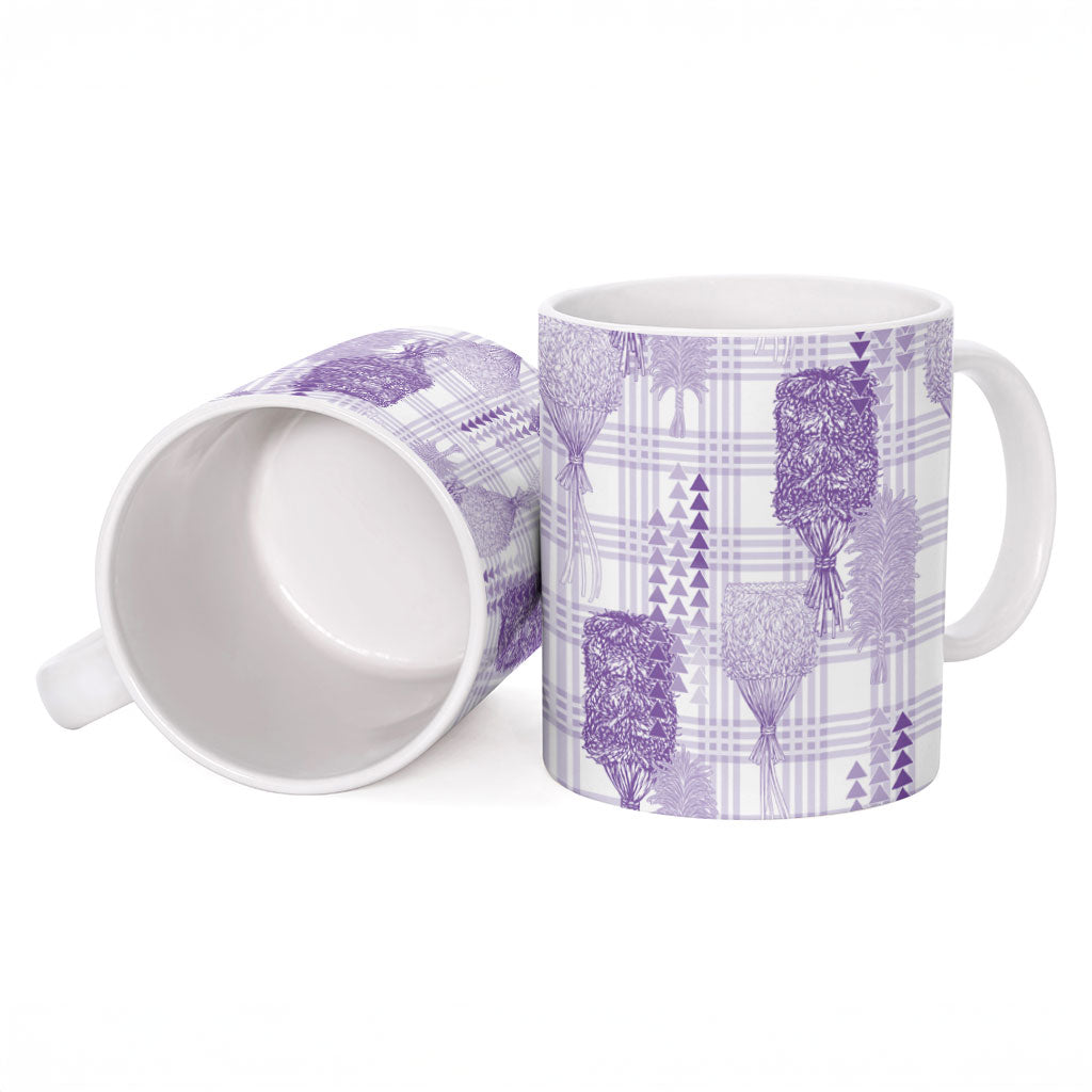 Aloha Hawaii Vintage Kahili Pa'a Lima Ceramic Mug Palaka Print Pastel Lavender
