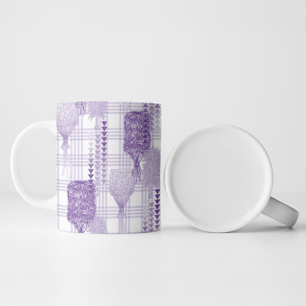 Aloha Hawaii Vintage Kahili Pa'a Lima Ceramic Mug Palaka Print Pastel Lavender