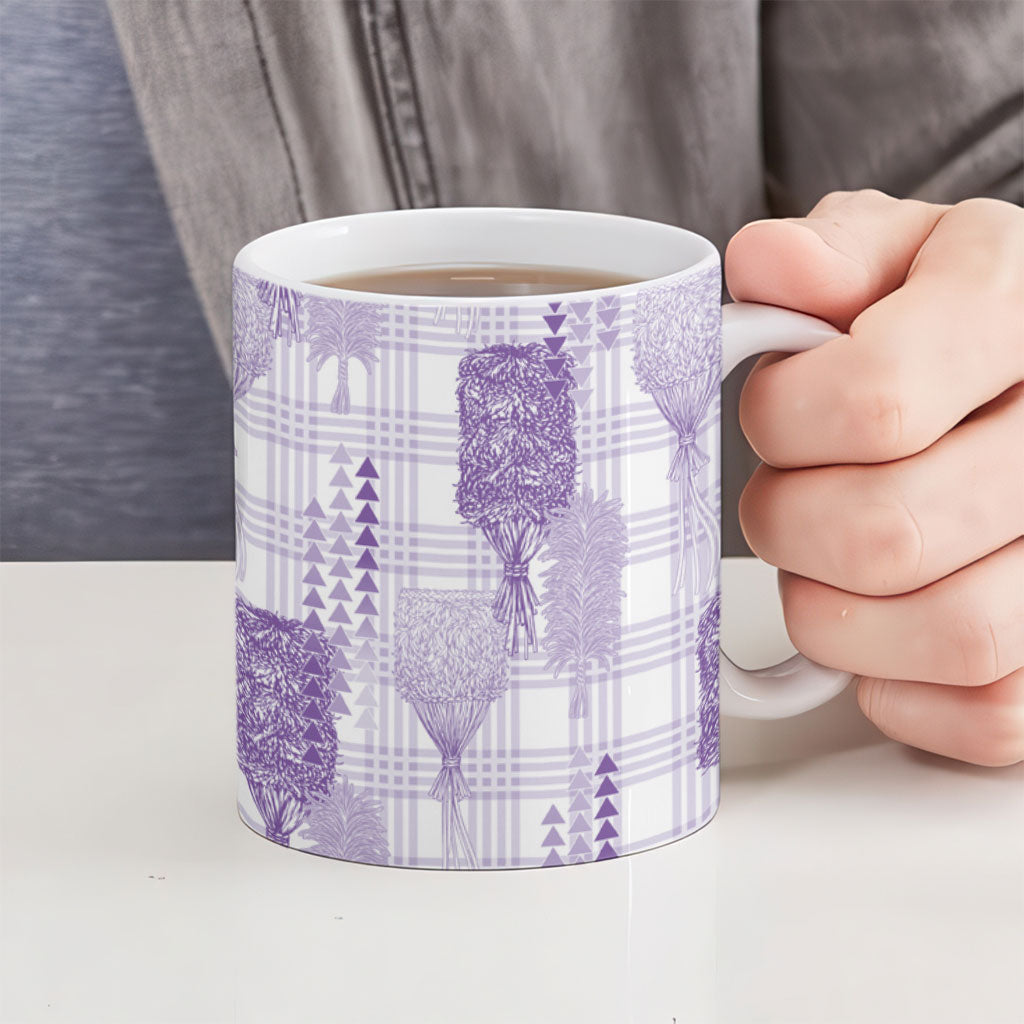 Aloha Hawaii Vintage Kahili Pa'a Lima Ceramic Mug Palaka Print Pastel Lavender