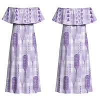 Aloha Hawaii Vintage Kahili Pa'a Lima Couples Matching Off Shoulder Maxi Dress and Hawaiian Shirt Palaka Print Pastel Lavender